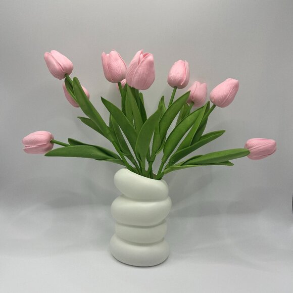 10 Pcs Artificial Tulips Silk Flowers with  Imitation Ceramic Vase - Picture 1 of 6